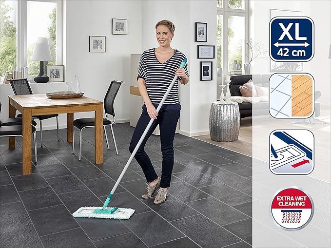 Leifheit Profi XL Floor Washer, Microfibre mop with Micro Duo & Static Plus Washable Covers, 140 cm Steel Handle, Flat Broom, Household Accessory for All Types of Floors, 360° Head