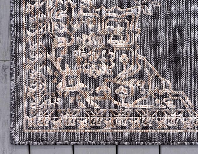 Unique Loom Outdoor Traditional Collection Area Rug - Antique (9' x 12' Rectangle, Charcoal Gray/ Natural)