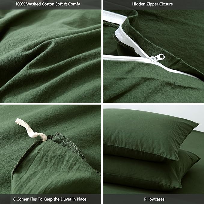 MooMee Bedding Duvet Cover Set 100% Washed Cotton Linen Like Textured Breathable Durable Soft Comfy (Solid Forest Green, Super King 108"x98")