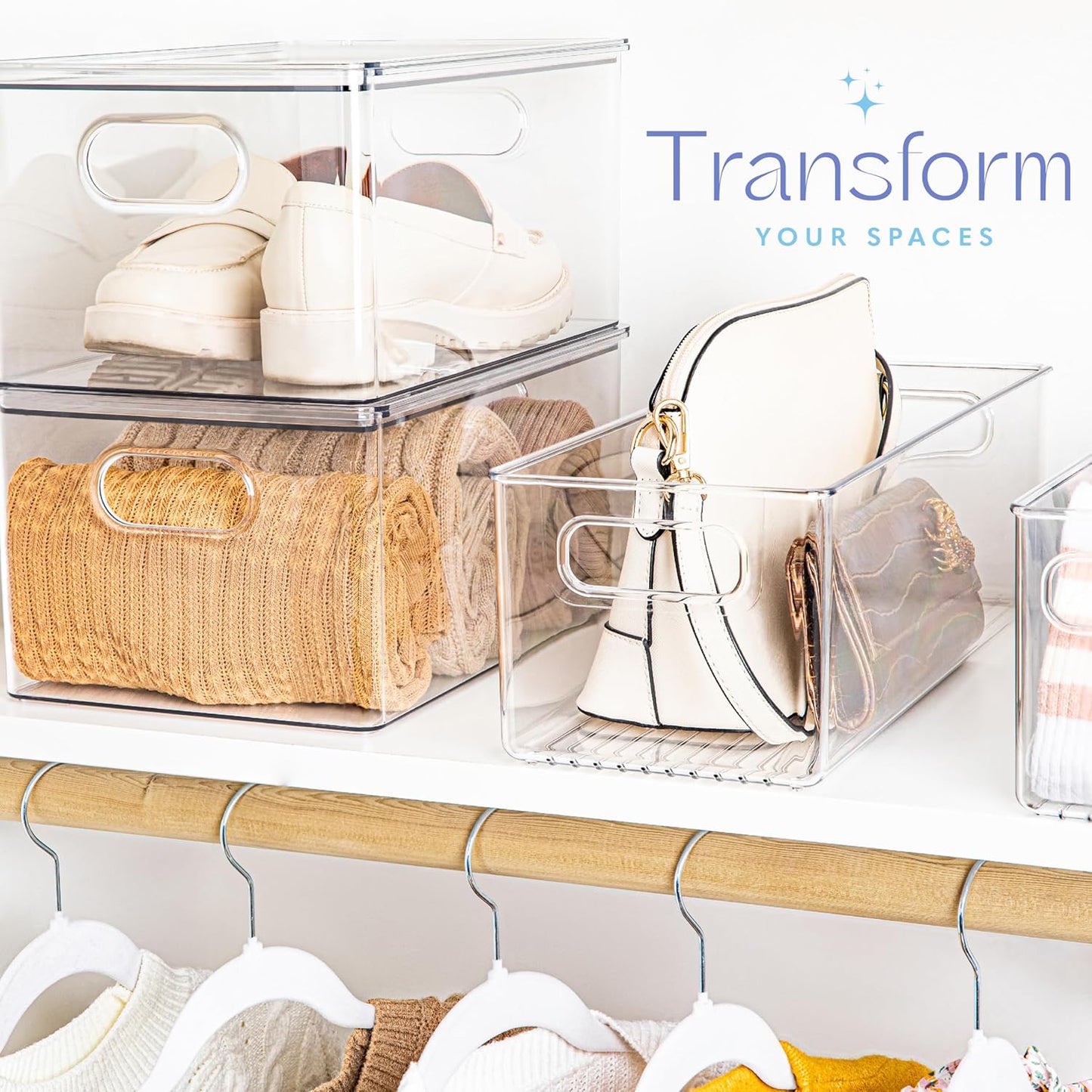 Plastic Food Storage Clear Container Bin with Handles for Organizing Kitchen, Pantry, Fridge, Freezer, Pantry, Bathroom. 14"x6"5"