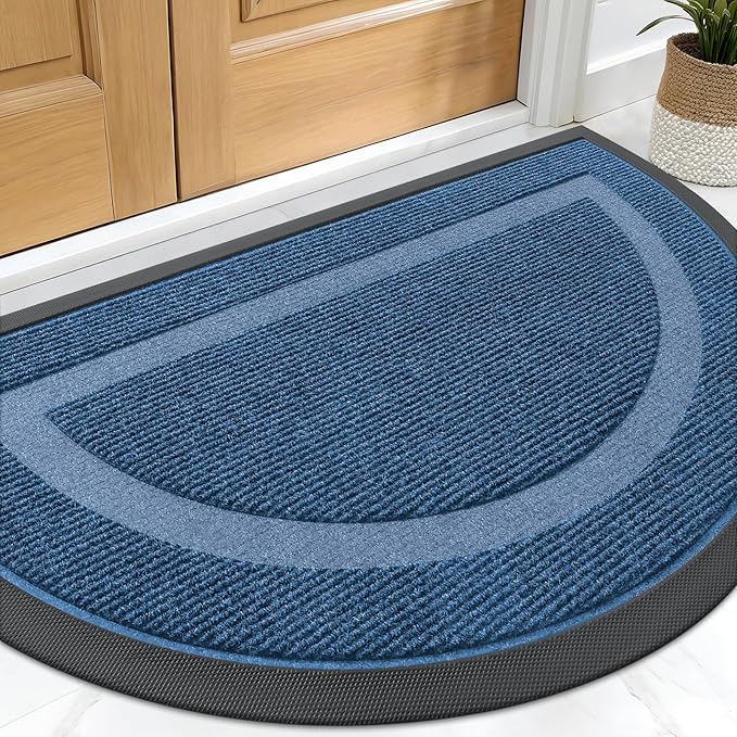 OLANLY Half Circle Door Mat Indoor Outdoor Entrance Welcome, Waterproof All-Season, All-Weather Doormat, Sturdy Natural Rubber, Low Profile, Easy Clean Patio Porch Entryway Mat, 29.5x17, Light Blue