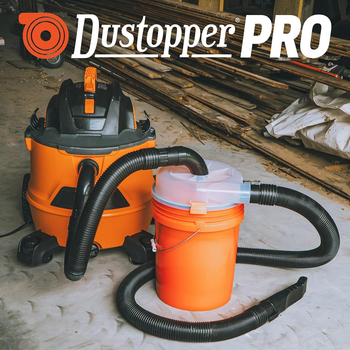 The Dustopper PRO, Low-Profile Dust Separator for Shop Wet/Dry Vacuums. Includes High-Flow 90 Degree Sweep Elbows and Connection Hose. Fits Standard 5 Gallon Buckets, Made in USA