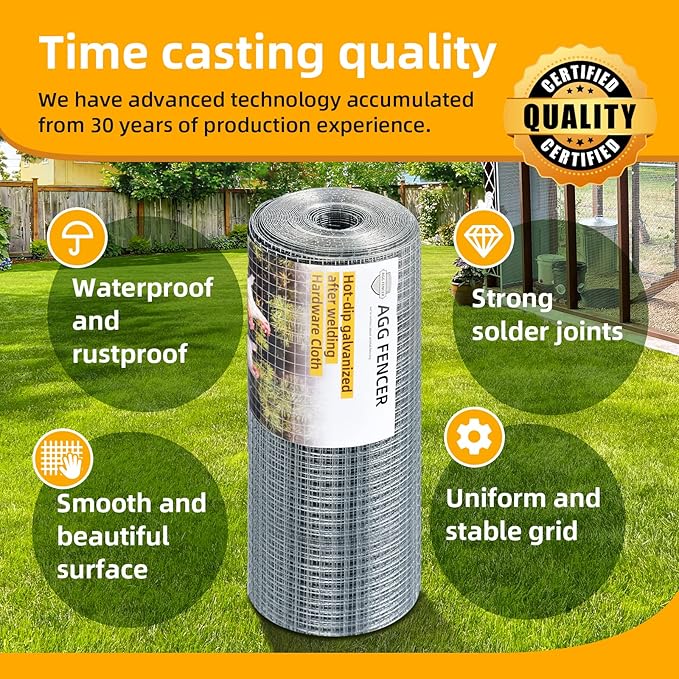 60inch x 50ft Hardware Cloth 1/2 inch Chicken Wire Fencing 19Ga, Hot Dipped Galvanized After Welding Garden Plant Supports Welded Metal Chicken Wire Fence Poultry Animal Netting Cage Screen