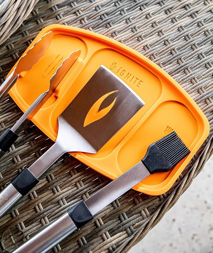 Ignite Grilling Trivet – 100% Non-Slip Silicone BBQ Mat – Reusable Tool Holder for Tongs, Spatula & Basting Brush – Keeps Grill Clean & Organized – Easy to Wash