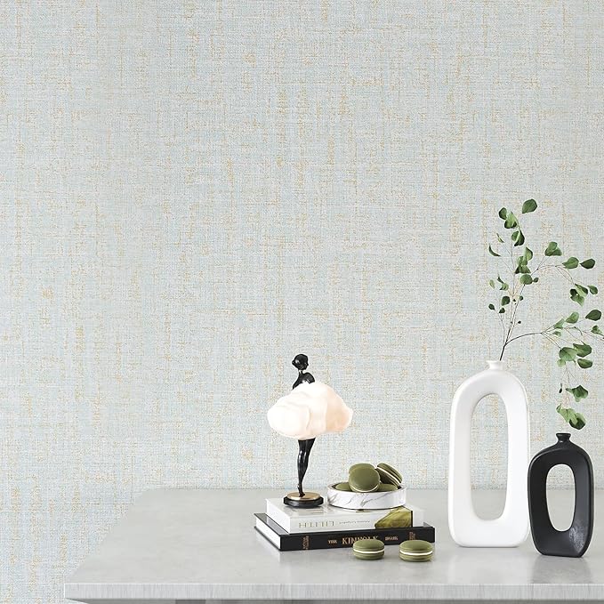 VEELIKE Pale Green Gold Grasscloth Wallpaper Textured Faux Grasscloth Peel and