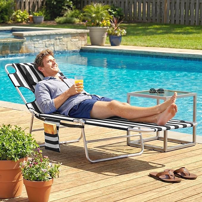 Outsunny Chaise Lounge Chair Outdoor with Face Arm Hole, 5-Position Reclining Face Down Tanning Chair with Carry Strap, Side Pocket, Portable Folding Bed Cot for Patio Beach Pool, Black Stripe