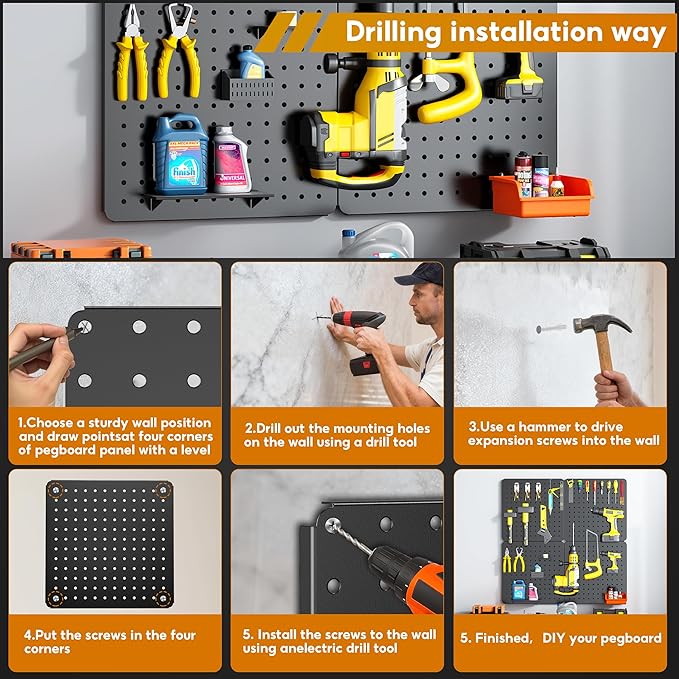 Peg Board, 4 Pack Black Peg Board Panels, 50lbs Load Capacity Each, Pegboard