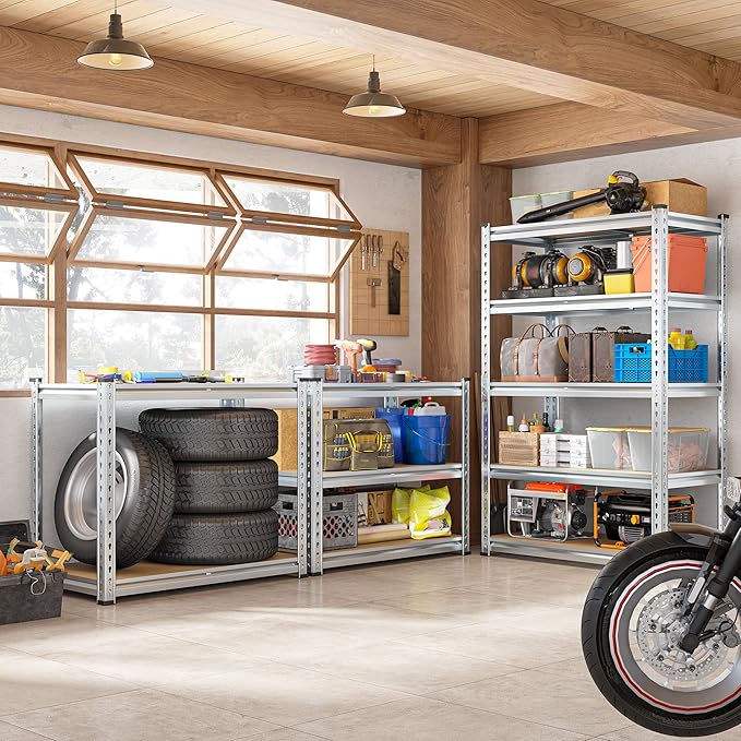 REIBII Garage Shelving, 5 Tier Storage Shelves Load 2020LBS, Adjustable Garage Shelves Heavy Duty, Metal Shelving Unit with Waterproof Columns, 35.5" W x 11.9" D x 72" H, Galvanized