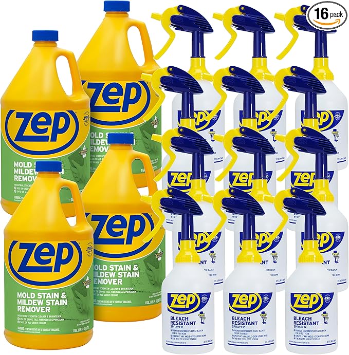 Zep Mold Stain and Mildew Stain Remover 1 Gal (Case of 4) Bleach Resistant Sprayer Bottles (Case of 12) - ZUMILDEW128 - Industrial-Strength Formula Quickly Cleans and Brightens