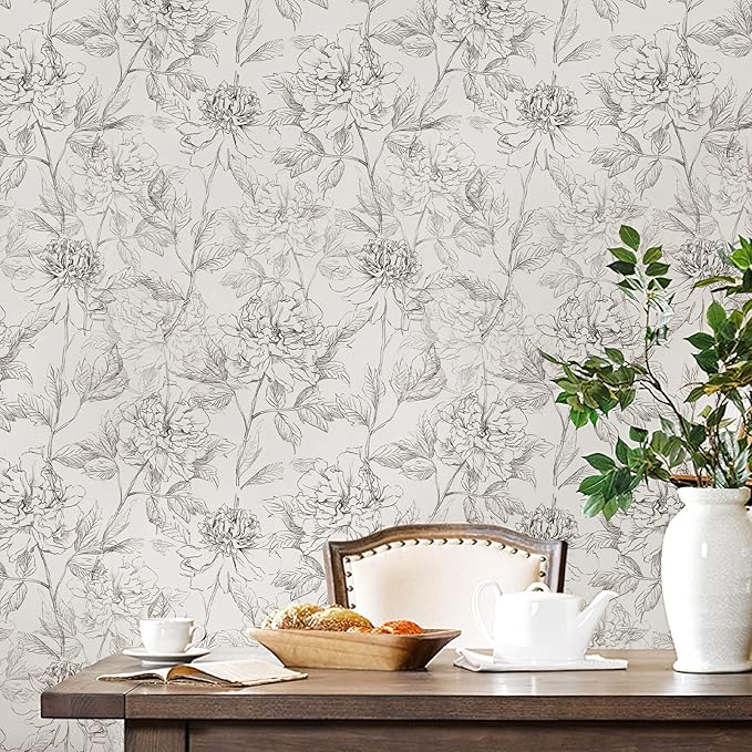 JiffDiff Black and White Floral Wallpaper 17.3" x 394" Peonies Removable Peel