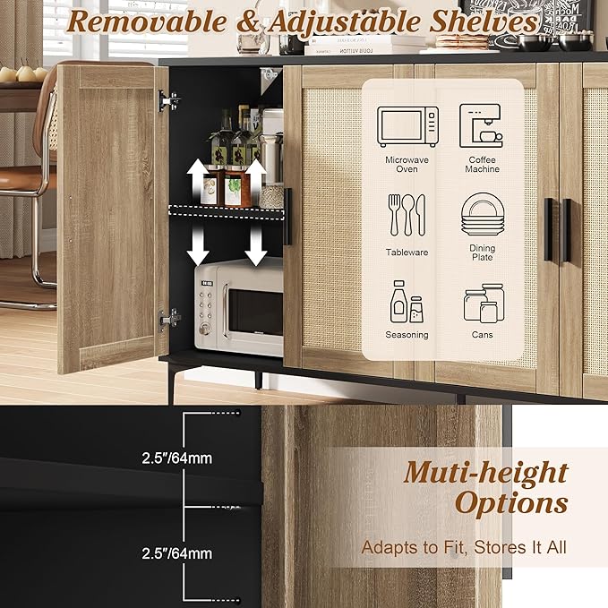 JASIWAY Buffet Cabinet with Storage, 48" Rattan Sideboard with Adjustable Shelves, Modern Coffee Bar Cabinet Console Table with Doors, Credenza for Kitchen, Living Room, Entryway, Dining Room, Black