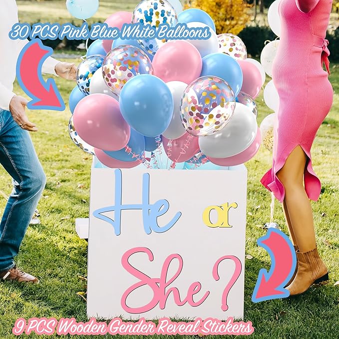 Large Wooden He or She Gender Reveal Sign Decals with 30 PCS Pink Blue Balloons 12 Inch Oh Baby Shower Sticker What Will Baby Be Backdrop Decoration Girl or Boy Sign for Pregnancy Backdrop Photo Props