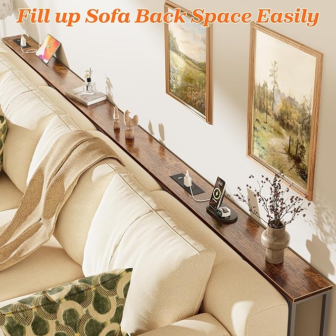 SUPERJARE 118.1 Inch Sofa Table with 2 Power Outlets and USB-C Port, 5.9 Inch Narrow Console Table with Storage, Extra-Long, for Entryway Hallway Couch Behind Sofa, Small Spaces, Rustic Brown