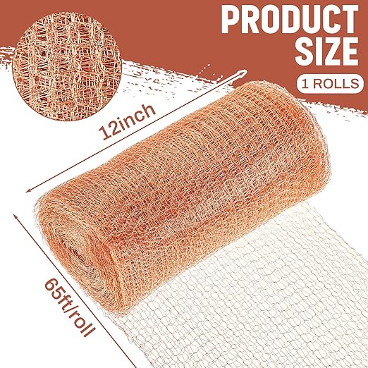 Gisafai 12" x 65 ft Copper Mesh Rodent Control Copper Wool for Slugs Rustproof DIY Hole Filler Pure Wire Mesh for Bat Snail Bird Pest Rodent Control Gap Blocker Fill Fabric Hole Gardening (1 Roll)