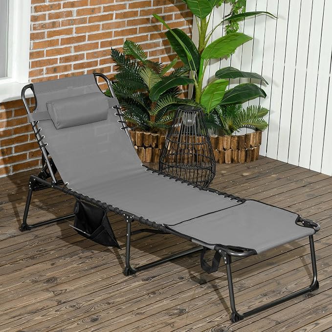 Outsunny Folding Chaise Lounge with 5-Level Reclining Back, Tanning Chair with Face Hole, Outdoor Lounge Chair with Side Pocket & Headrest for Beach, Yard, Patio, Gray