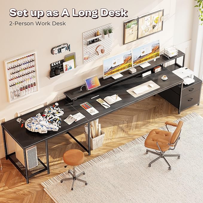 PRAISUN 66" L Shaped Gaming Desk with LED Lights & Power Outlets, Computer Desk with Fabric Drawers and Print Stand, Corner Office Desk, Monitor Stand, Mesh CPU Stand, Carbon Fiber Black
