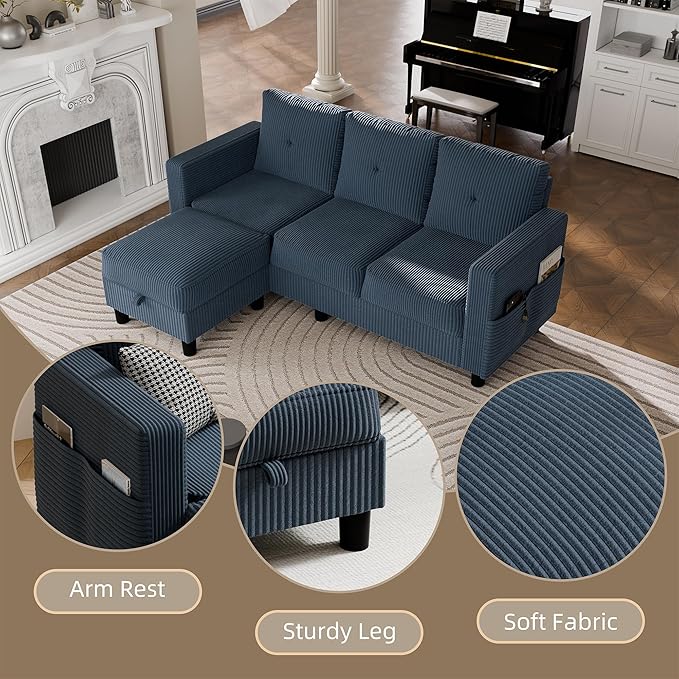 JAMFLY Convertible Sectional Couches for Living Room, L-Shaped Couch 3 Seat Sectional Sofa Set with Polyester Fabric and Movable Ottoman Small Couch for Apartments, Office(Blue)