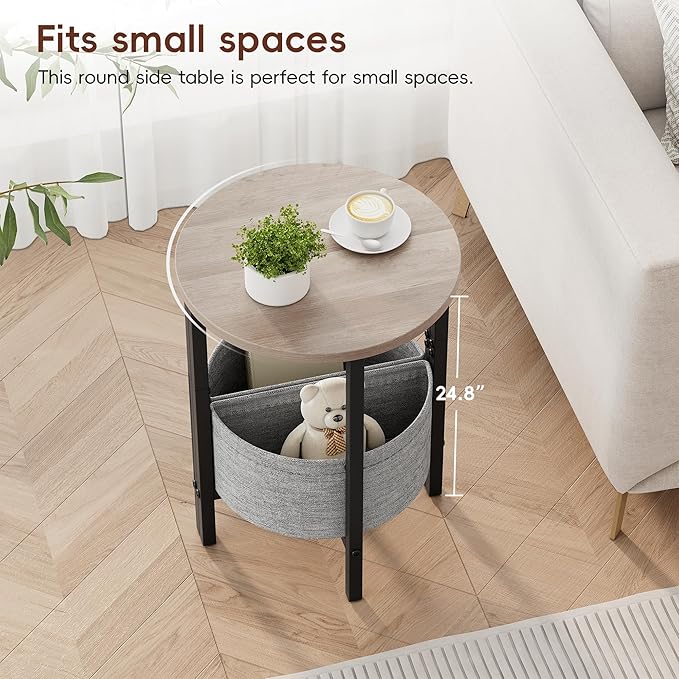 Vagusicc Small Round Side Table End Table, Tall Accent Table with Storage Basket, Set of 2 Half Round Tables Half Moon Tables, Coffee Bedside Tables, Modern Nightstand for Living Room Bedroom, Gray