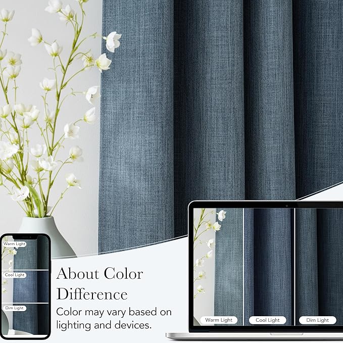 NICETOWN Mist Blue Faux Linen Room Darkening Rod Pocket Curtains 63 inch Length