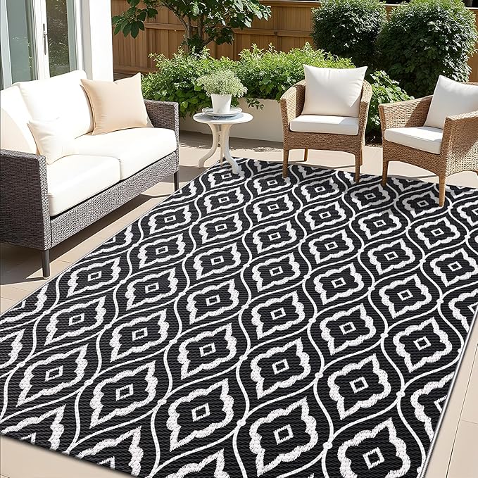 OLANLY Outdoor Rug 8x10 ft Waterproof, Outdoor Plastic Straw Rug with Geometric Pattern Clearance, Reversible RV Mat for Patio, Camping, Balcony, Deck, Backyard, Black & White
