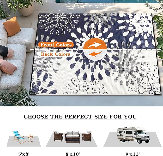 Wallona Outdoor Rugs 5x8 ft Patio Waterproof Clearance Indoor Outdoor Carpet for Patio Plastic Straw Reversible Area Rugs Mat for RV, Camping, Balcony, Beach, Picnic, Porch, Flower Blue & White