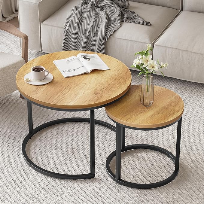 Smuxee Nesting Coffee Table Set of 2, 23.6" Round Coffee Table Brown Wood with Adjustable Non-Slip Feet, Industrial End Table Side Tables for Living Room Bedroom Balcony Yard