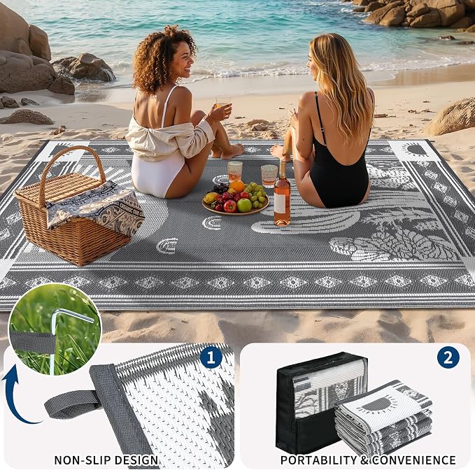 Garvee Reversible Cactus Outdoor Rug 8x10 for Patio, Waterproof Outdoor Area Rug, Modern Desert Botanical Indoor Outdoor Rugs, Plastic Straw Rug for RV, Camping, Deck, Grey