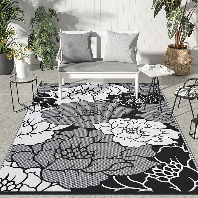 GENIMO Outdoor Rug Waterproof for Patio Decor, 5' x 8' Reversible Plastic Straw Floral Camping Carpet, Large Area Rugs Mats for RV, Camper, Deck, Balcony, Porch, Beach, Picnic, Mix-Black & White