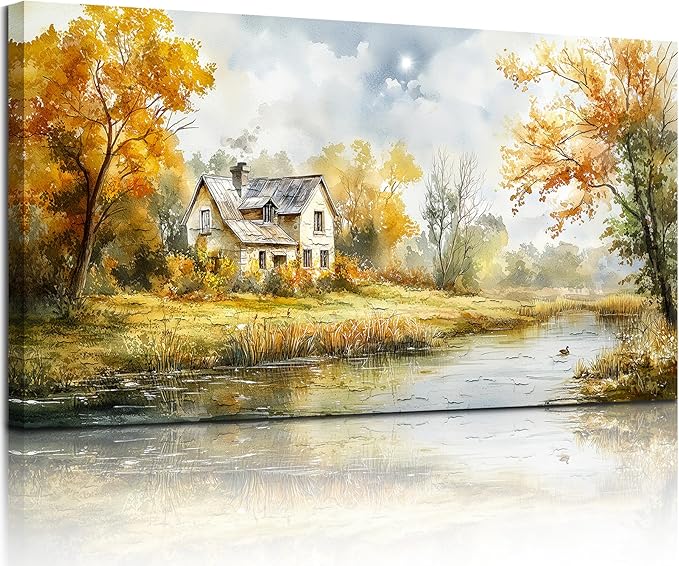 SERIMINO Autumn Nature Landscape Wall Art, Riverside Cottage Scenic Large Artwork, Rustic Farmhouse Oversized Wall Prints, Pastoral Canvas Paintings Wall Decor Living Room Bedroom Dining Room 29"X57"