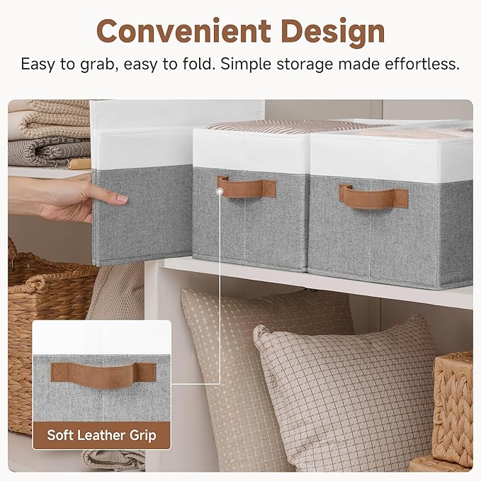 StorageWorks Fabric Shelf Baskets, Closet Organizers and Storage Basket, Foldable Storage Bins for Shelves, Clothes Storage Bins, Gray and White, 3-Pack, Large