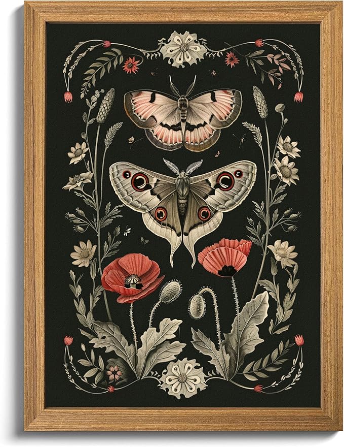 Vintage Framed Wall Art - 3D Textured Classical Style Moth Pictures Wall Decor - Hand Drawn Flowers Nature Art Painting for Living Room Bedroom Home Decor 8x10in