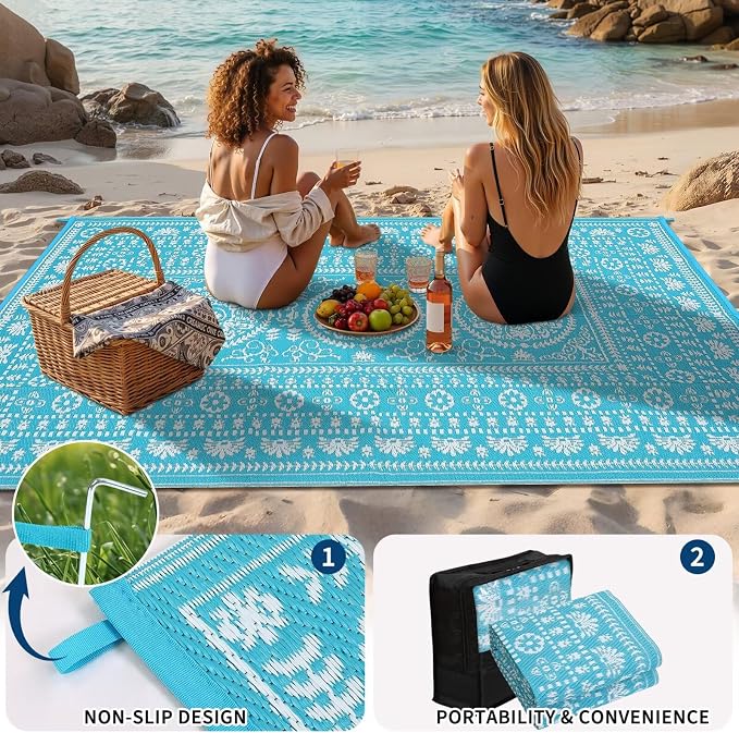 Garvee Reversible Outdoor Rug 9x12 for Patio, Waterproof Outdoor Area Rug, Modern Medallion Indoor Outdoor Rugs, Plastic Straw Rug for RV, Camping, Deck, Vintage Blue