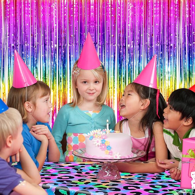 Thicken Rainbow Streamers 4 Pack 3.2 x 8.2 FT, Rainbow Birthday Decrorations Tinsel Backdrop Curtains, Foil Fringe Photo Backdrop for Birthday Decorations, 80s 90s Party Decorations