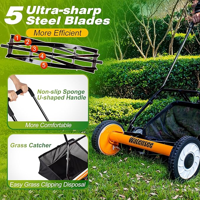 Walensee 18-Inch 5-Blade Push Reel Lawn Mower, Cordless Manual Reel Lawn Mower Walk-Behind Steel Lawn Mowers with Removable 10-Gallon Grass Catcher, Sponge Grip, 9-Position Cutting Height Adjustment