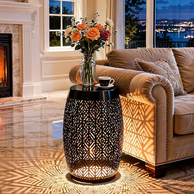 18" Cutout Metal Outdoor Side Table with 3-Mode LED Lights, Modern Decorative Drum End Table, Versatile Coffee Table/Garden Stool/Night Stand/Plant Stand for Patio, Living Room, Bedroom