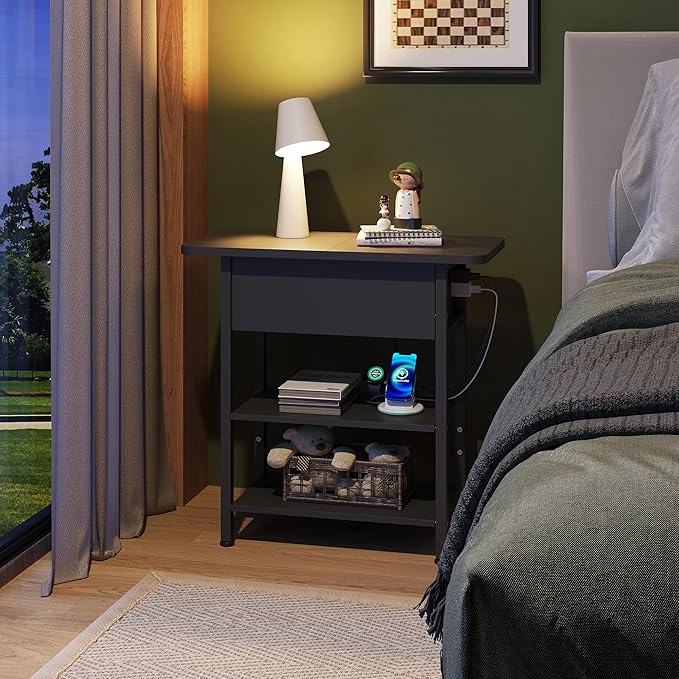 WLIVE End Table with Charging Station, Flip Top Narrow Side Table with Storage Shelf, Small Nightstand with USB Ports and Outlets,Bedside Table for Living Room, Bedroom,11.8" D x 23.6" W x 24.3" H