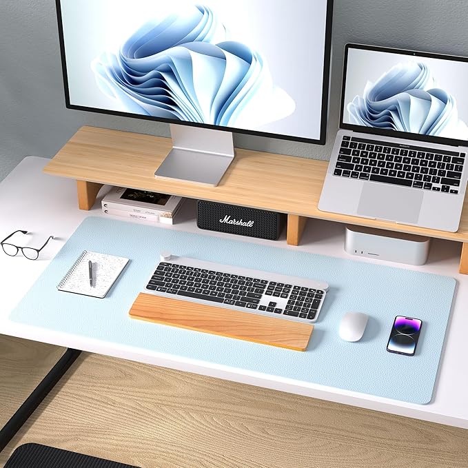 Aothia Leather Desk Pad Protector, Mouse Pad, Office Desk Mat, Non-Slip PU Leather Desk Blotter, Laptop Desk Pad, Waterproof Desk Writing Pad for Office and Home (31.5" x 15.7",Baby Blue)