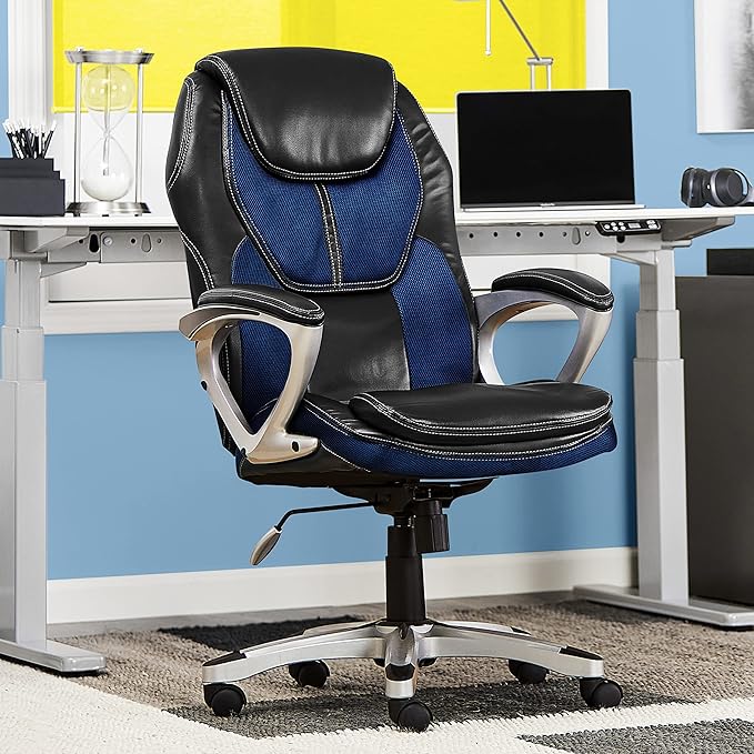 Serta Amplify Executive Office Chair with Faux Leather and Mesh, Adjustable Ergonomic Comfy Seat with Lumbar Support, Modern Computer DeskChairs, Swivel Rolling Wheels, Blue