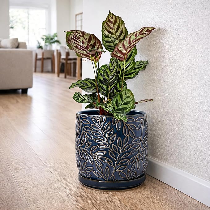 D'vine Dev 8 Inch Embossed Leaves Stoneware Planter Pot with Drainage Hole and Saucer, Midnight Blue, 27-A-Q-3