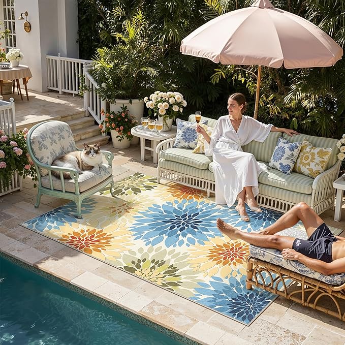 5x8 Indoor Outdoor Area Rug Washable Patio Rug Colorful Non Slip Non Shedding Waterproof Carpet for Living Room Bedroom Backyard Porch Camping RV Balcony Poolside