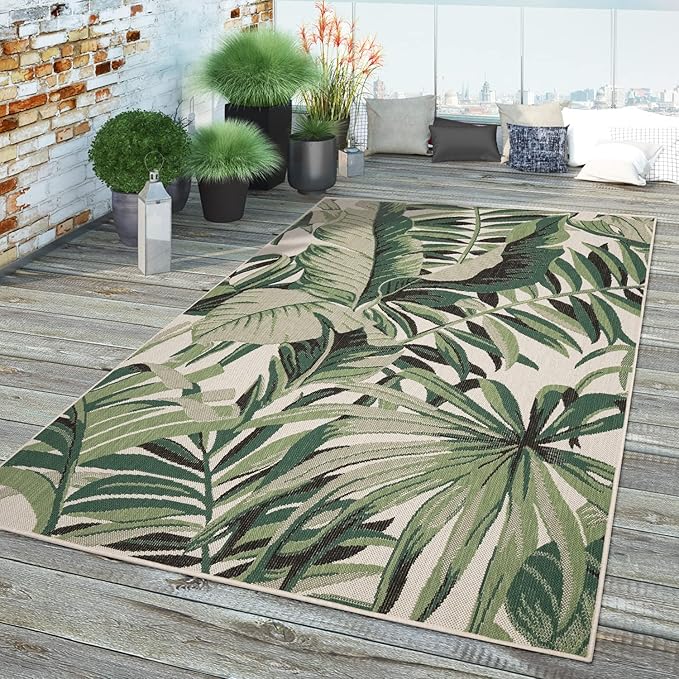 in- & Outdoor Rug Tropical Palm Leaf Design for Patio in Green Beige, Size: 6'7" x 9'6"