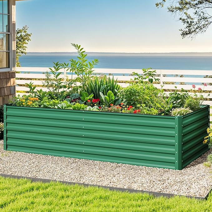 DWVO 2pcs 8 x 4 x 2 FT Raised Garden Bed Kit, Outdoor Galvanized Flower Bed with Safety Rubber and Gloves, Large Metal Planter Box for Vegetables, Flowers, Herbs, Fruits, Green