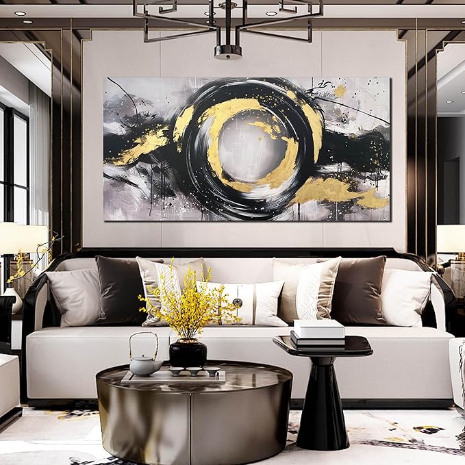 Black White and Gold Wall Art for Living Room Large Size - Hand Painted Wall Art for Bedroom - Abstract Painting Wall Decor Office Size 29" x 59"