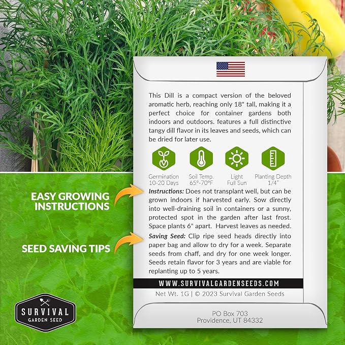 Compact Dill Seeds for Planting – Dwarf Dill for Containers & Small-Space Gardens – High Germination Heirloom Non-GMO Herb for Indoor or Outdoor Growing – Survival Garden Seeds (1 Pack)
