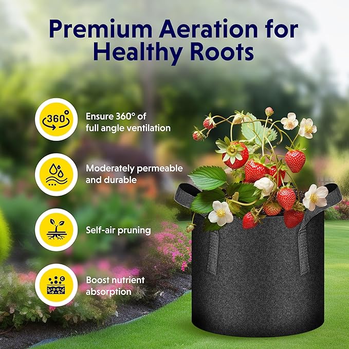 iPower 5 Pack 7 Gallon Plant Grow Bags, Thickened Nonwoven Aeration Fabric Pots Heavy Duty Durable Container, Strap Handles for Garden, Black