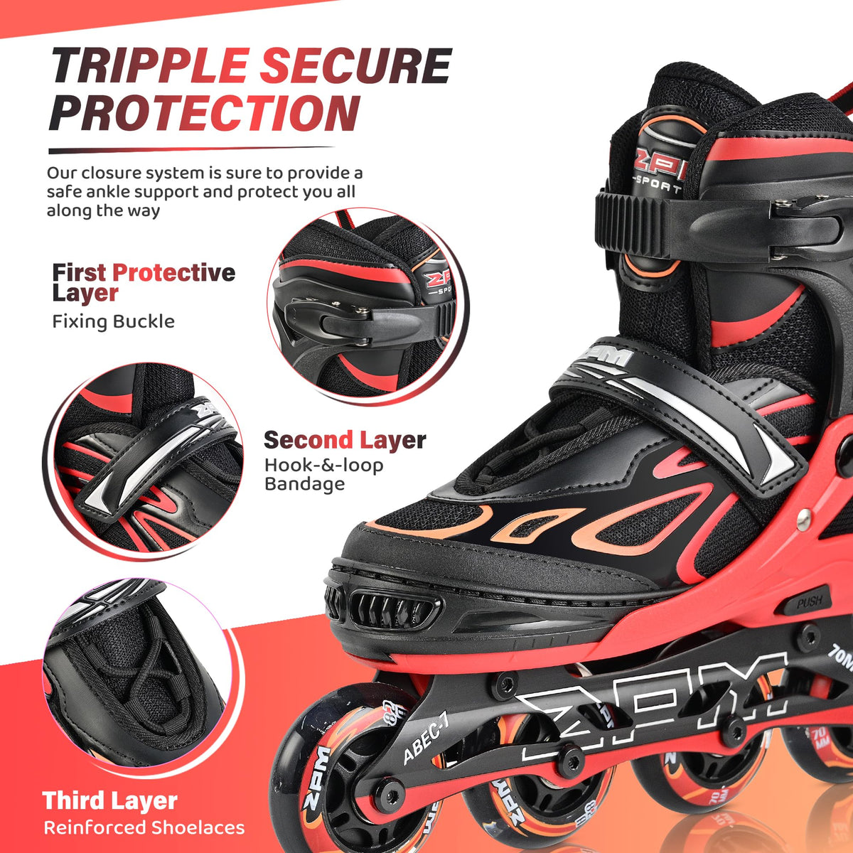 2PM SPORTS Vinal Inline Skates for Girls Boys Kids Ages 5-8 8-12 with Adjustable Illuminating Wheels, Inline Roller Skates for Youth Women Men - Red Large
