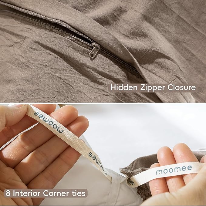 MooMee Bedding Duvet Cover Set 100% Washed Cotton Linen Like Textured Breathable Durable Soft Comfy (Solid Brown, Twin 68"x90")