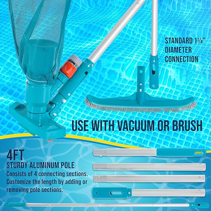 U.S. Pool Supply Deluxe Swimming Pool Maintenance Kit with Deluxe Jet Vacuum, 16" Floor & Wall Scrub Brush, Adjustable Telescopic Pole - Clean Remove Leaves & Debris, Above-Ground In-Ground Pools Spa