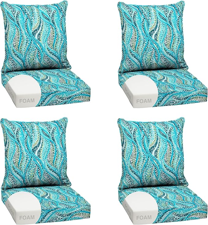 Arden Outdoor Foam Deep Seat Cushion Set (4-Pack), 24x24, Premium High-Density Foam, Never Flattens, Weather-Proof for Patio Chair Sofa Couch, Teal Ariel