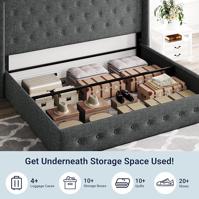 Allewie King Size Lift Up Storage Bed, Button Tufted Headboard with Wingback, Hydraulic Support, No Box Spring Needed, Dark Grey